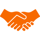 drawing of orange hands shaking, clasped together to form a handshake to depict integrity
