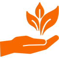 drawing of orange hand open palm upwards with an orange plant on top to depict safety and environment