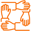 drawing of orange sets of hands linking to each other to form a square to depict teamwork